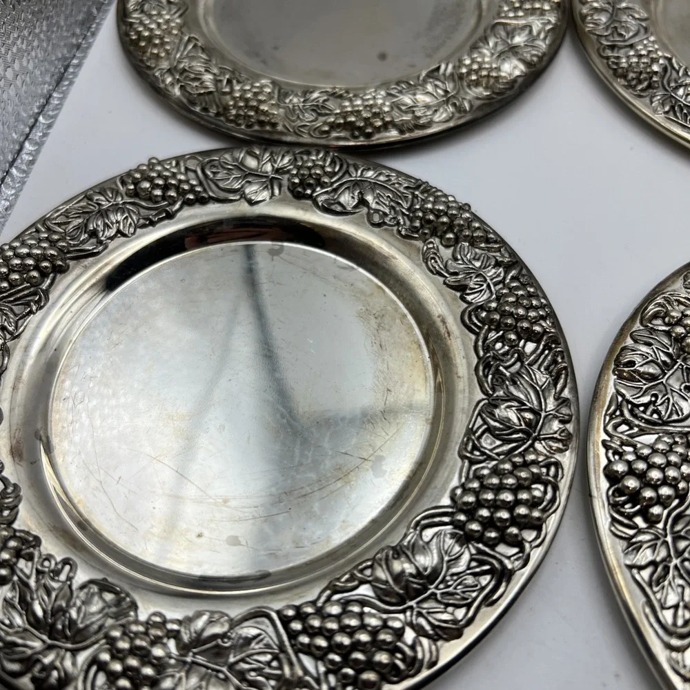 Set of 6 Vintage Godinger Silver Plate Grapevine Wine Coasters 5